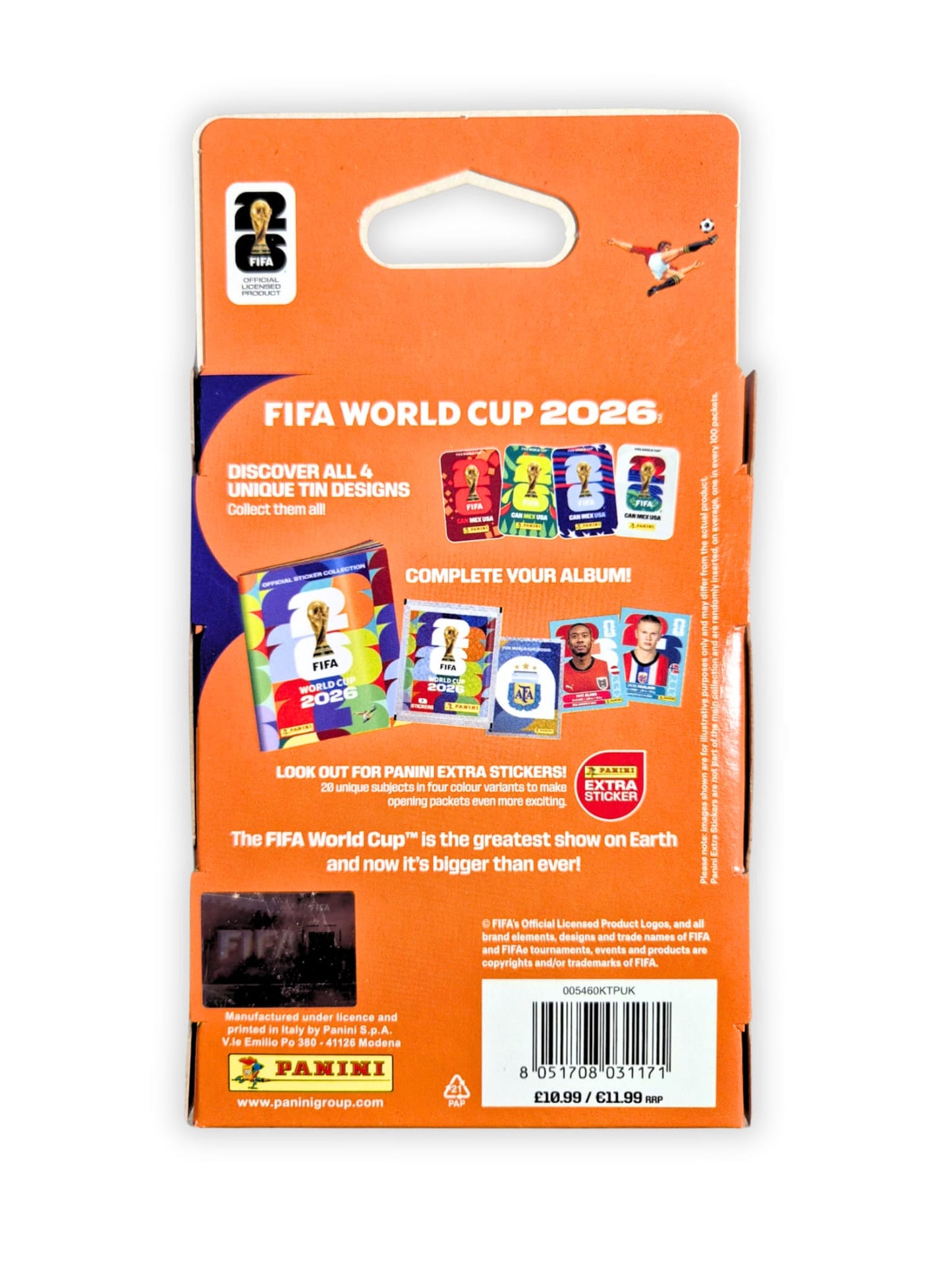 FIFA World Cup 2026 trading card pack with colorful designs on an orange background