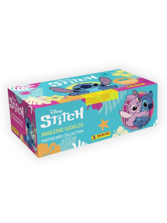 Box of Disney Stitch photocard collection on a white background