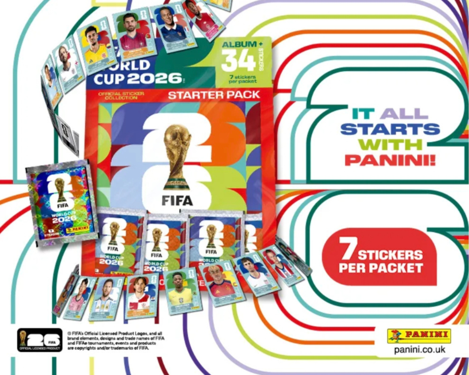 FIFA World Cup 2026 starter pack with stickers and album, Panini branding visible.
